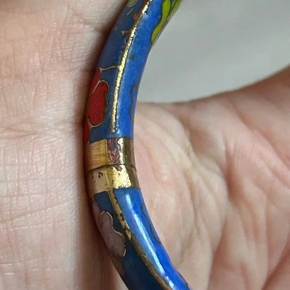 CLOISONNÉ BLUE Colorful Floral Bangle Bracelet 7 inches - Picture 5 of 6